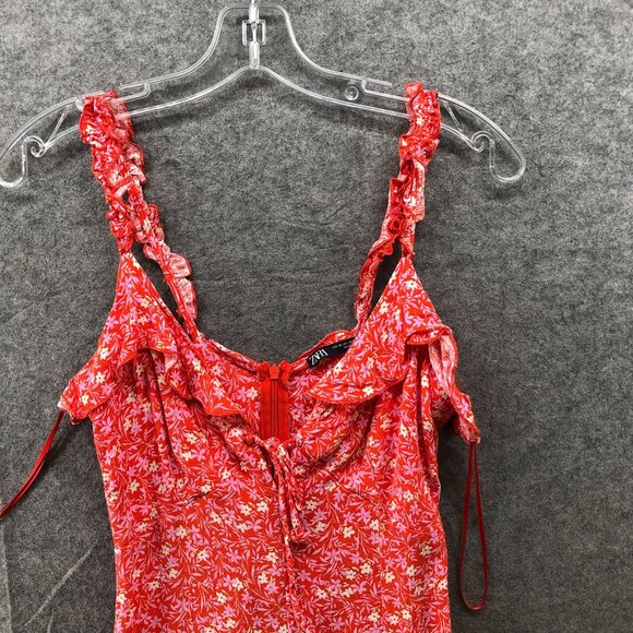 Zara Mini Cami Dress Womens XS Pink Floral Ruffle Slip Flowy Sweetheart V-Neck - Picture 3 of 10